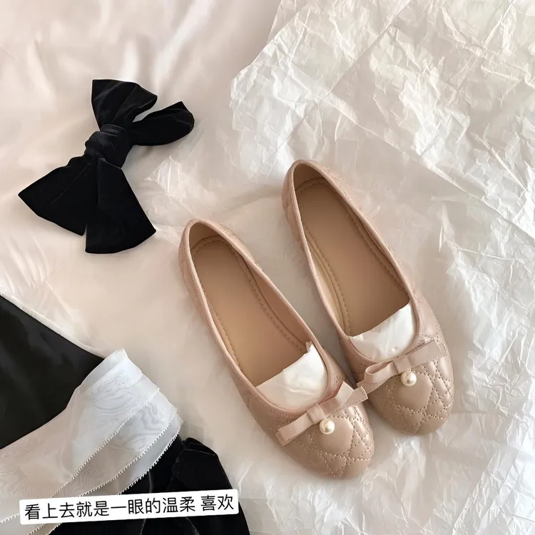 【苏茵茵同款】花漾小姐~珍珠蝴蝶结真皮菱格平底单鞋女芭蕾鞋新款 