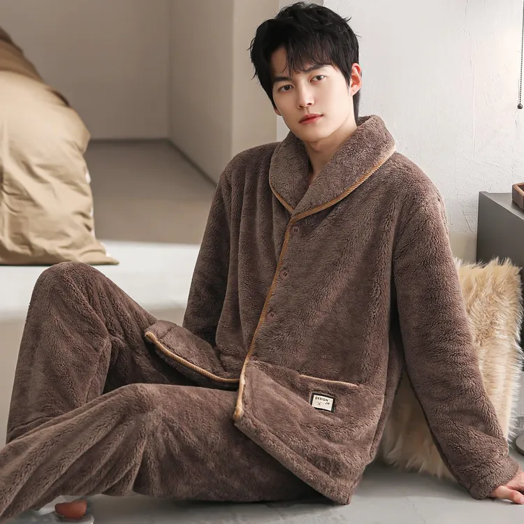 睡衣男秋冬加厚加绒法兰绒套装珊瑚绒家居服开衫休闲大码保暖冬装