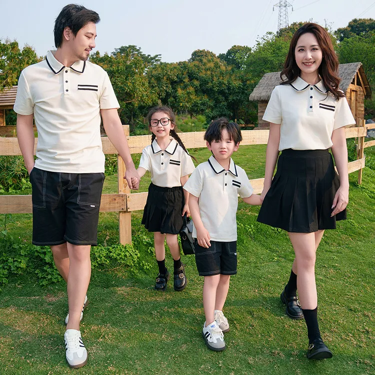 亲子装2025夏季时尚一家三四口翻领polo衫学院风短袖母女装套装