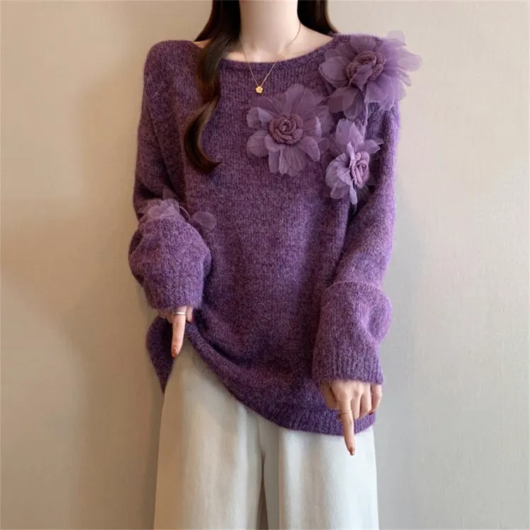 大码胖MM立体花朵针织打底衫毛衣女秋冬新款设计感宽松超好看上衣