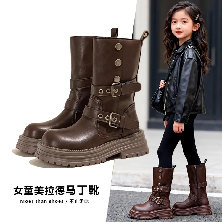 女童鞋子2025年秋冬新款儿童加绒保暖马丁靴黑色休闲皮靴休闲棉鞋