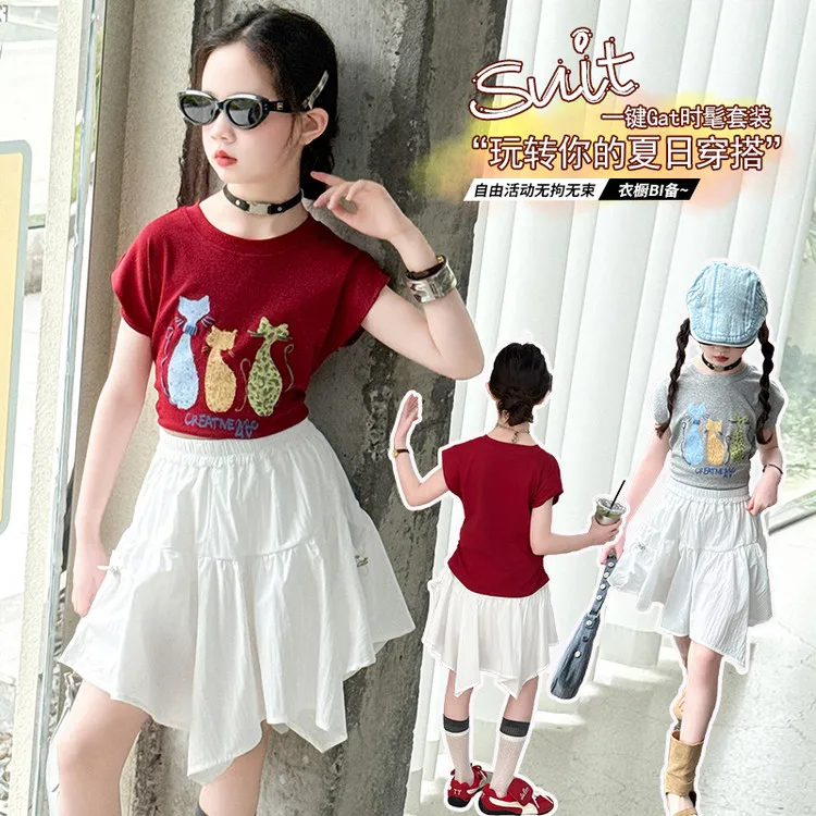 女童炸街套装夏季新款中大童短袖t恤半身裙两件套女孩洋气6-15岁8