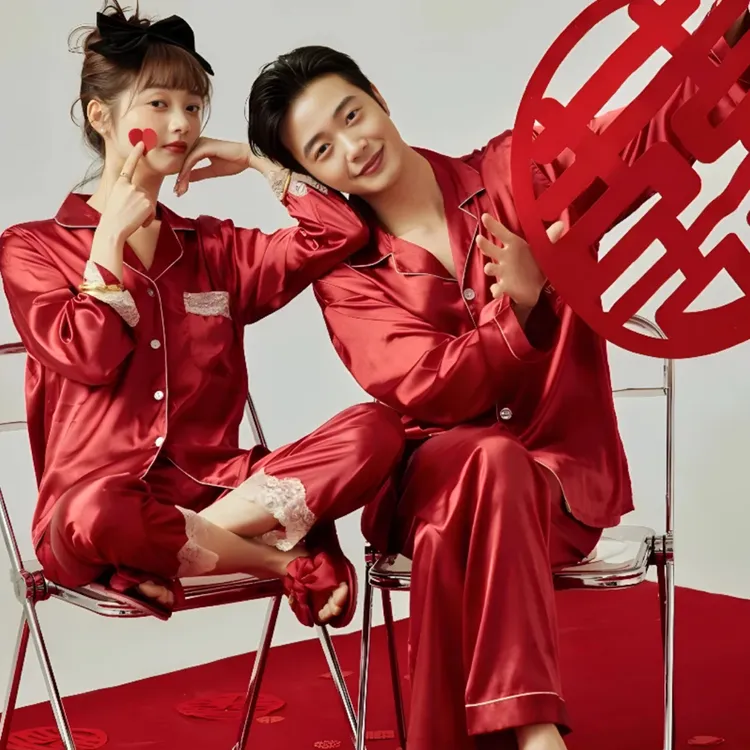 两套价冰丝结婚睡衣夏季新娘长袖家居服春夏薄款睡衣结婚情侣睡衣