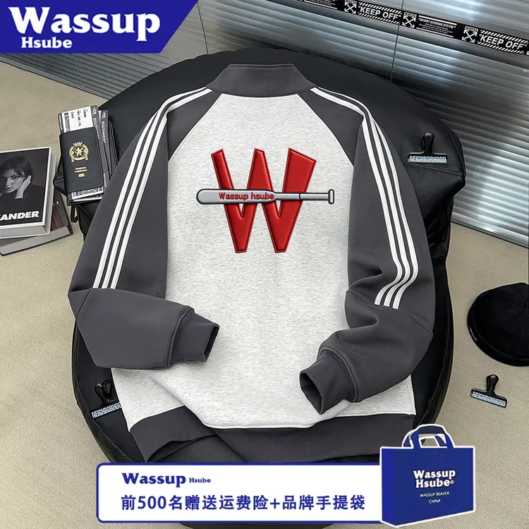 WASSUP HSUBE美式潮印花秋冬宽松棒球棍字母长袖立领拉链情侣上衣
