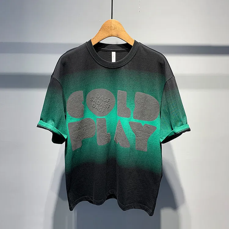 新款复古百搭时尚渐变印花棉休闲打底上衣ins圆领男士宽松短袖T恤