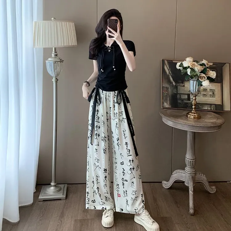 淑萸丨新中式国风休闲时尚套装女夏季修身黑色盘扣短袖冰丝阔腿裤