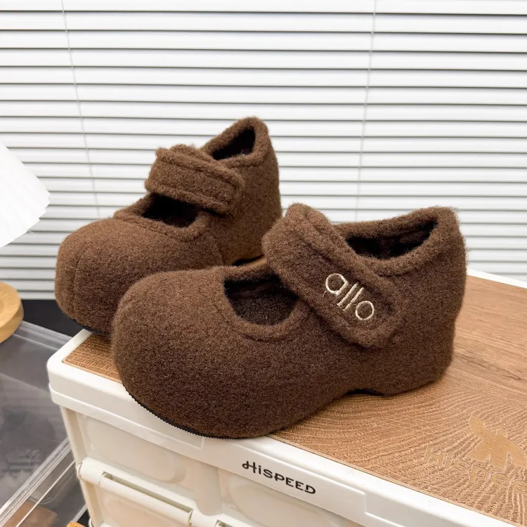 毛呢版松糕厚底毛毛鞋女百搭魔术贴玛丽珍小个子增高休闲乐福鞋子