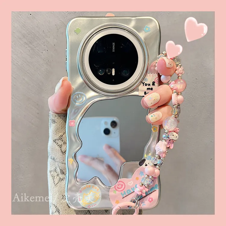 适用华为mate70pro+手机壳波浪纹镜面Mate60pro+笑脸爱心标签链条