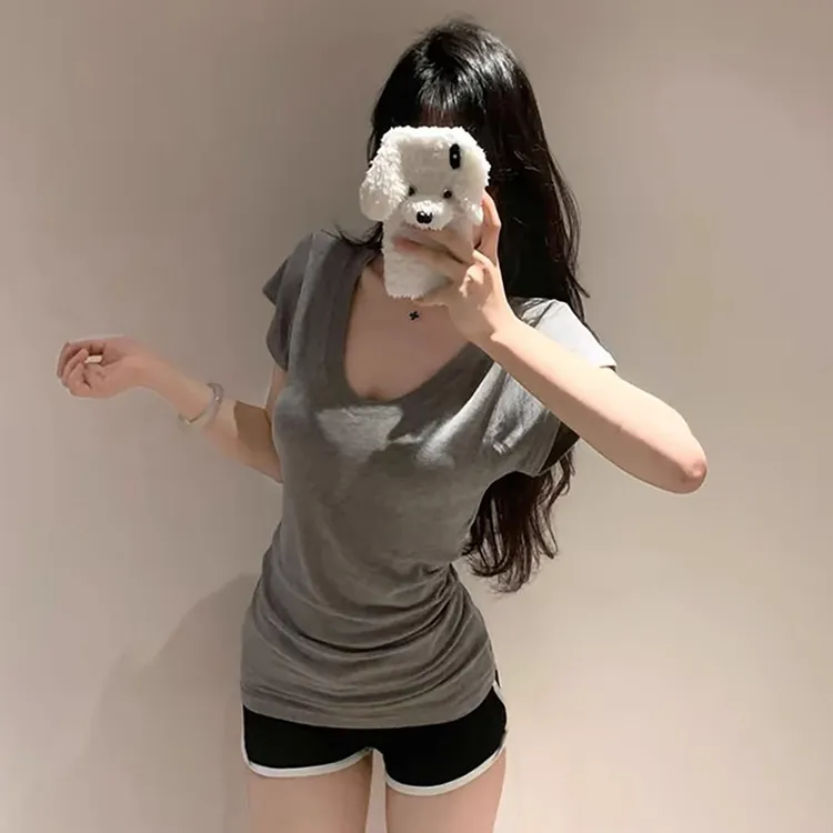 韩版短袖女t恤高级灰V领纯色辣妹美式复古正肩垂感宽松显示上衣夏