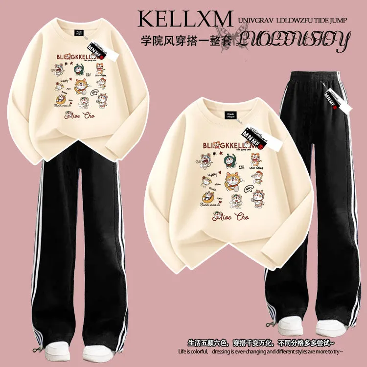 新款男女童春秋季套装洋气韩版哆啦A梦印花长袖T恤三条杠长裤学生