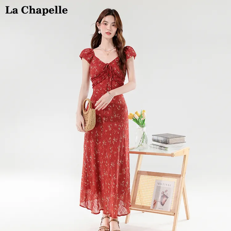 拉夏贝尔法式浪漫显白蝴蝶结碎花短袖连衣裙女度假风气质雪纺长裙