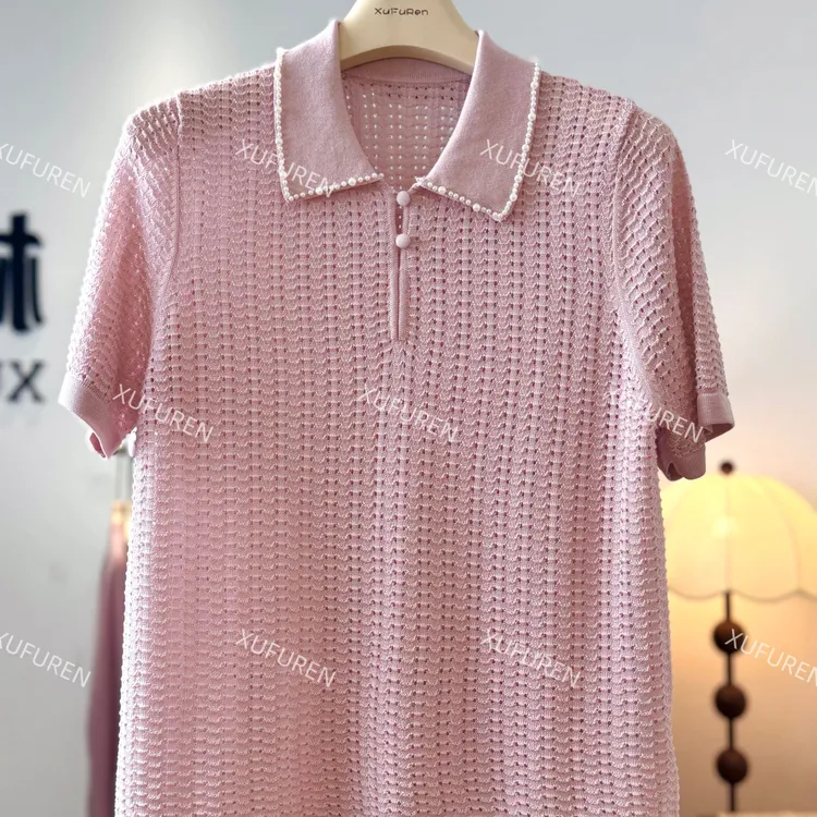 栩夫人【天丝桑蚕丝】纯手工翻领POLO珍珠领夏季名媛风短款上衣