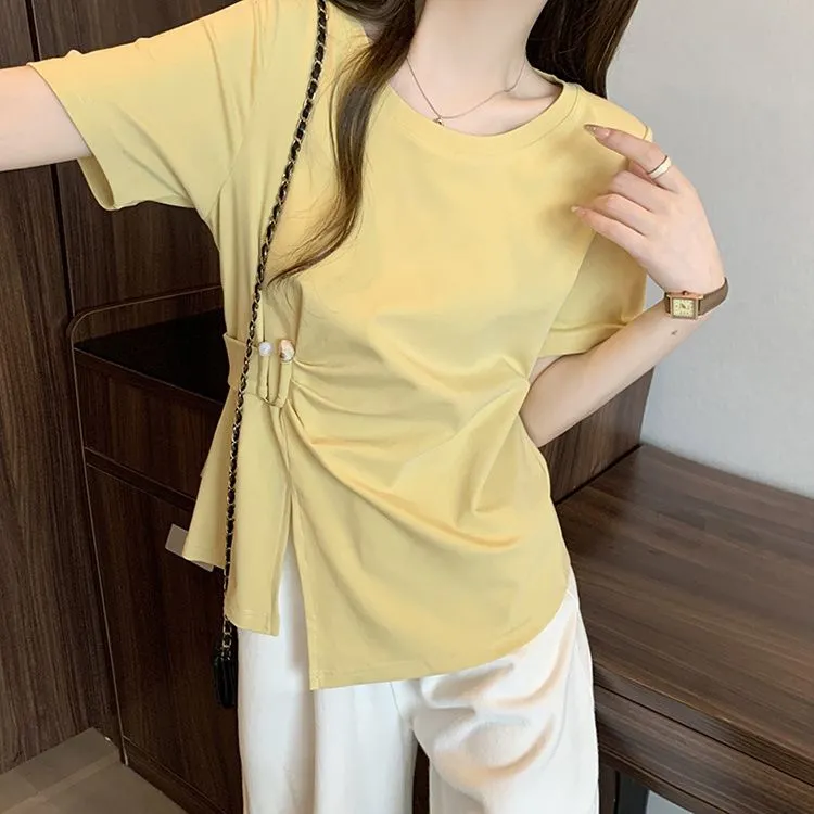 夏季新款褶皱开叉短袖T恤胖mm大码女装显瘦半袖体恤上衣200斤睡衣