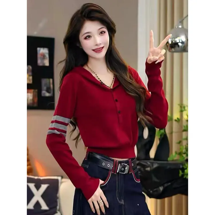 2025秋季新款时尚连帽洋气百搭长袖针织衫女气质修身显瘦减龄上衣