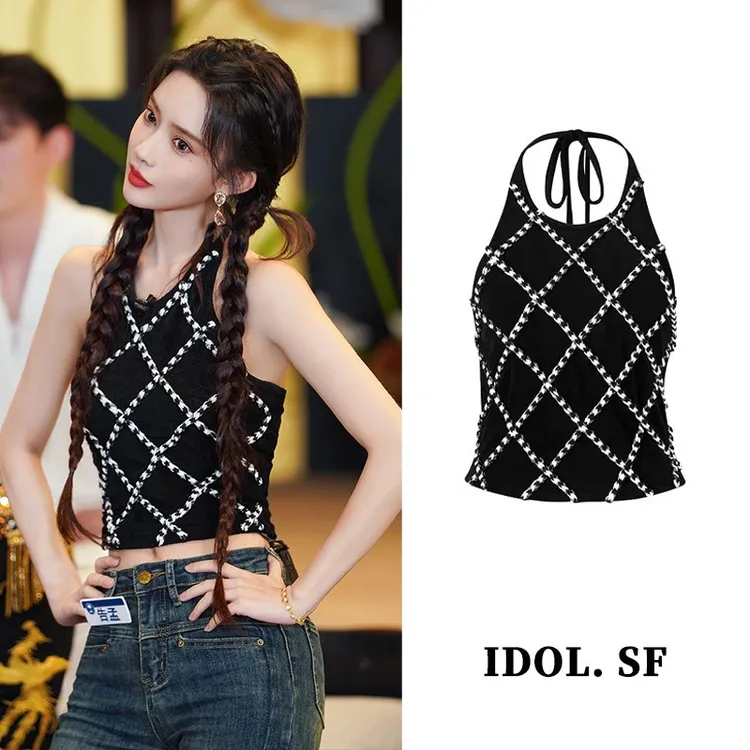 孟子义同款吊带背心女黑色菱格挂脖夏季新款外穿明星辣妹无袖上衣