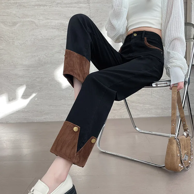 拼接撞色直筒牛仔裤女春秋季新款高腰显瘦弹力小个子九分烟管裤子