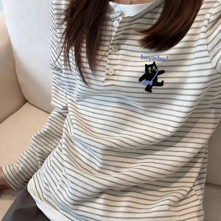 假两件条纹拼接长袖开衫女2025早秋季新款设计感打底衫猫咪上衣潮