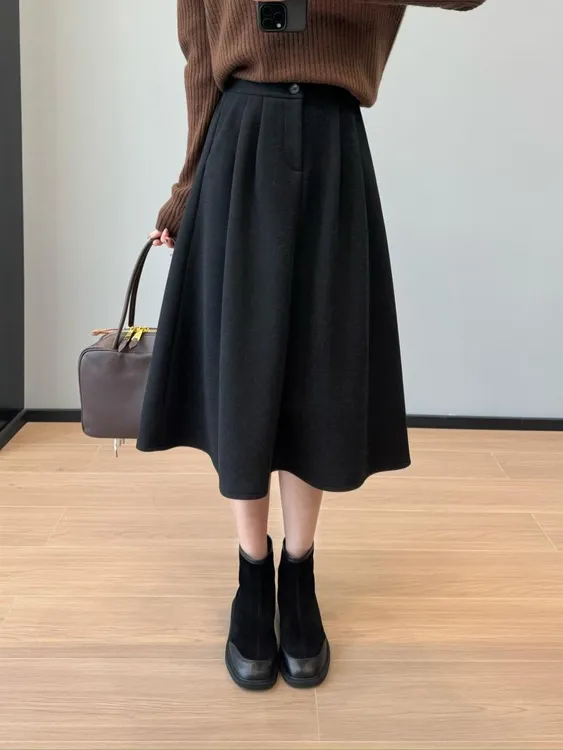 羽绒纱裙~洋气又保暖巨显瘦松紧腰加厚醋酸羊毛A字半裙冬