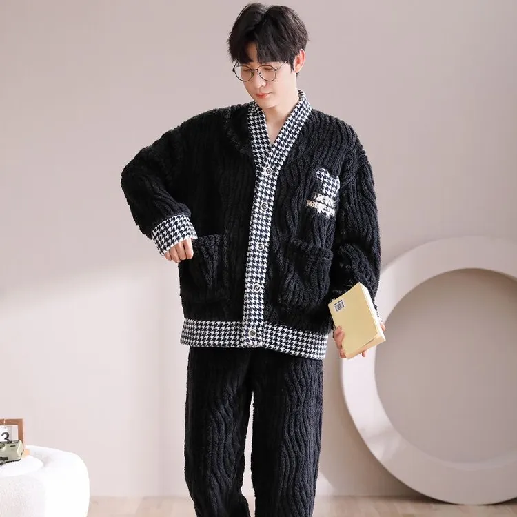 珊瑚绒男睡衣开衫V领和服加绒加厚保暖冬季可外穿家居服男士套装