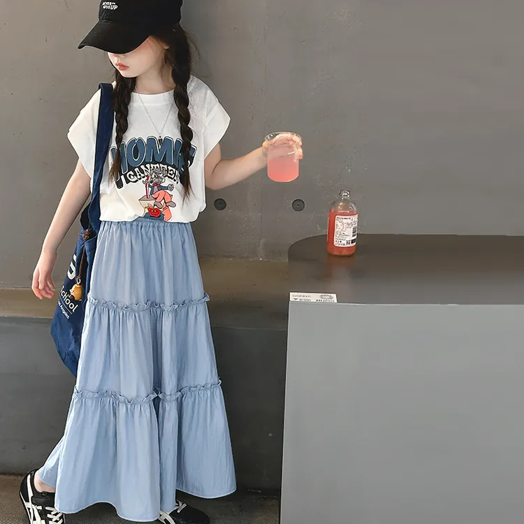 女童夏季套装2025新款儿童时髦洋气夏装大童短袖T恤半身裙两件套