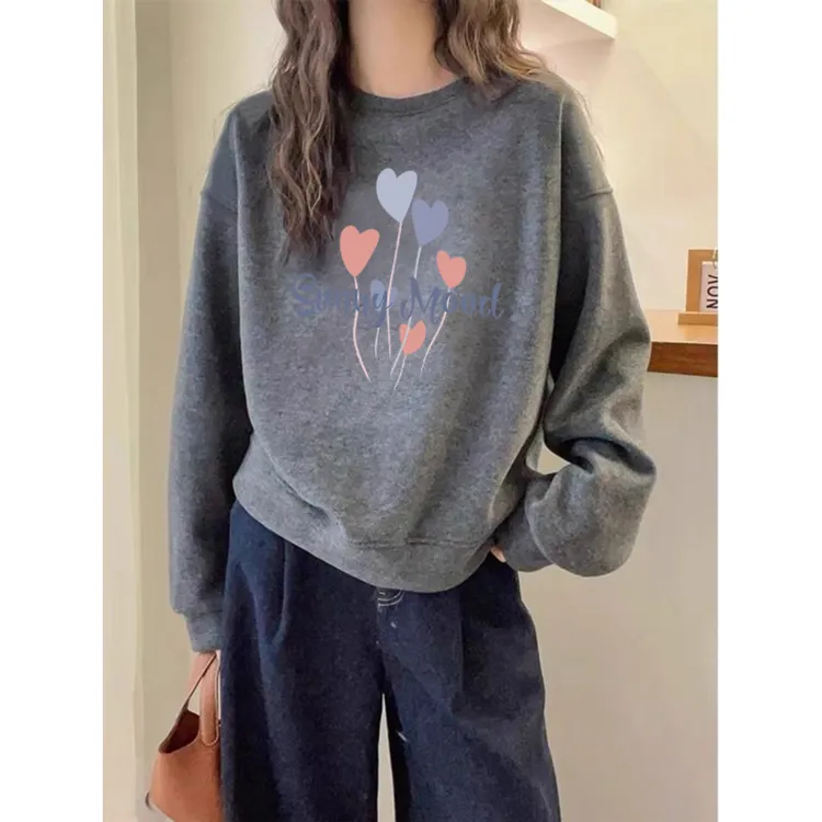 圆领套头打底衫加绒加厚卫衣女2025秋冬新款宽松韩版外套春秋薄款