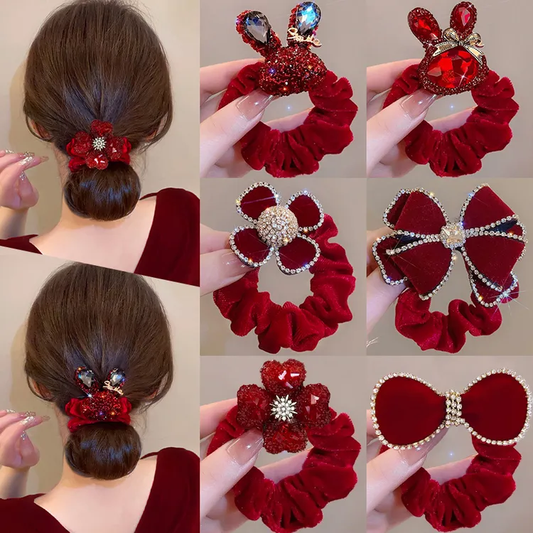 新年酒红色丝绒大肠发圈女高弹力蝴蝶结丸子头橡皮筋扎头发绳头饰