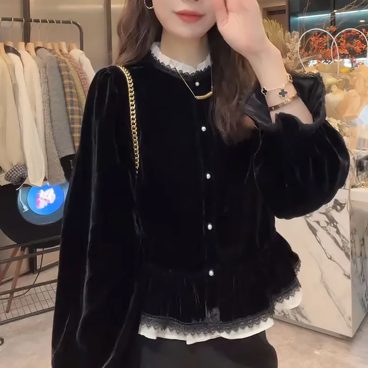 新款法式轻奢独特漂亮小衫秋季丝绒别致独特衬衫上衣LK2506795-1