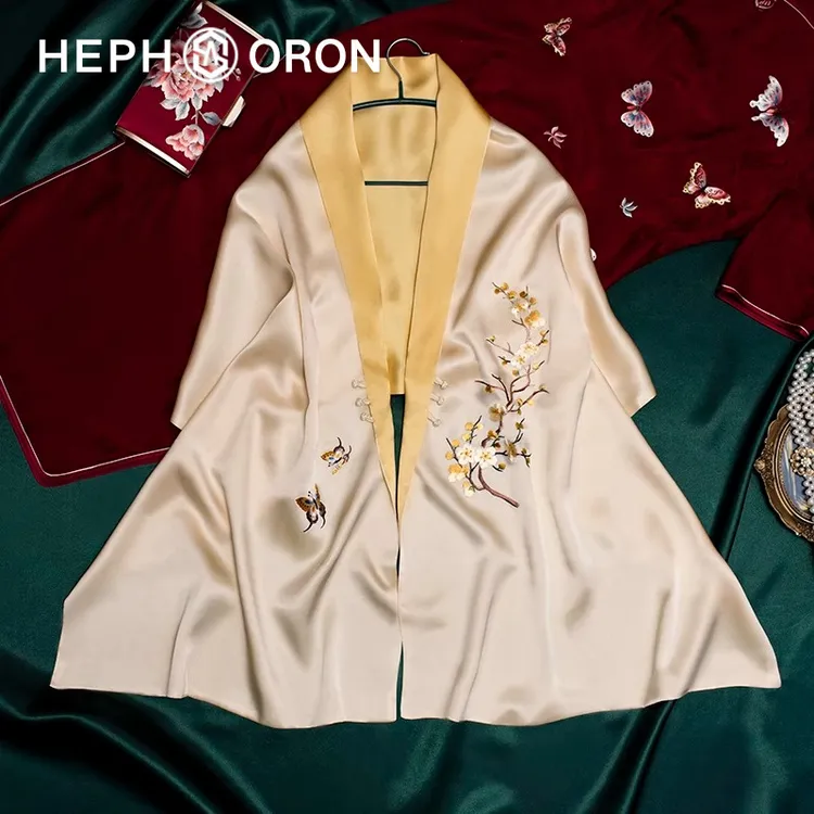 HEPHSORON苏绣丝巾礼盒送妈妈金色刺绣盘扣披肩桑蚕丝真丝围巾