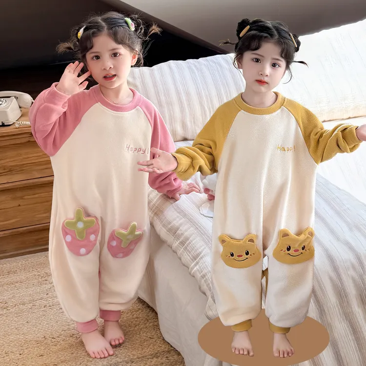 春秋季新款韩版女童中小童网红家居服女小孩可爱卡通连体衣睡衣