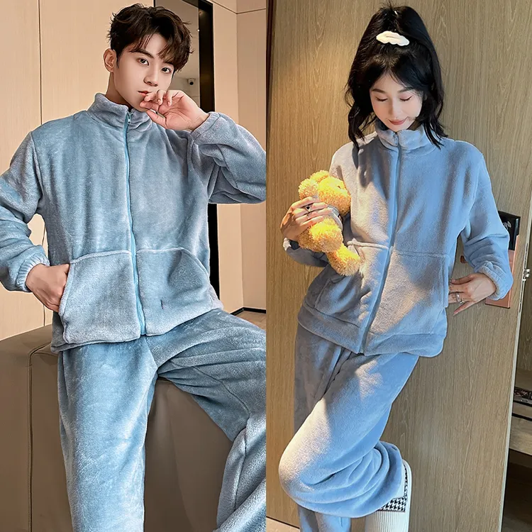 秋冬肥佬款法兰绒情侣睡衣保暖运动时尚女家居服套装加绒加大男士