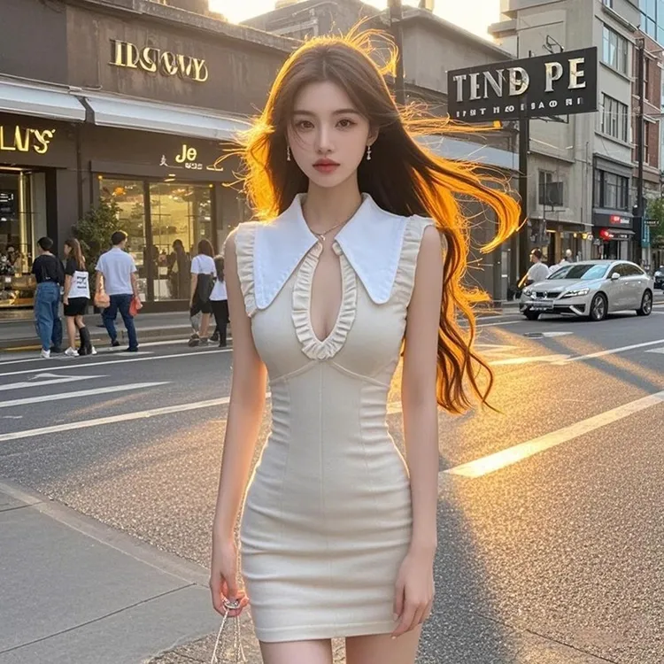 设计感别致木耳边娃娃领气质辣妹性感包臀连衣裙小众时尚显瘦高级