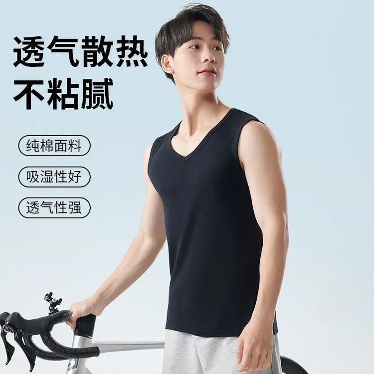 马甲夏季运动宽肩背心纯棉男无袖坎肩圆领V领打底外穿汗衫男士