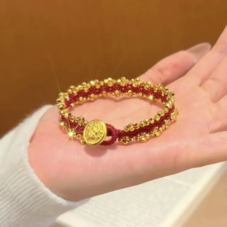 铜合金手链 爆闪金色蹦迪珠编绳手链女款新中式百搭编织红绳手饰 