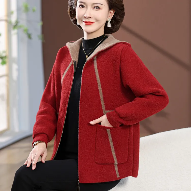 2025年妈妈秋装针织新款连帽休闲外套中老年春秋季毛衣加厚开衫