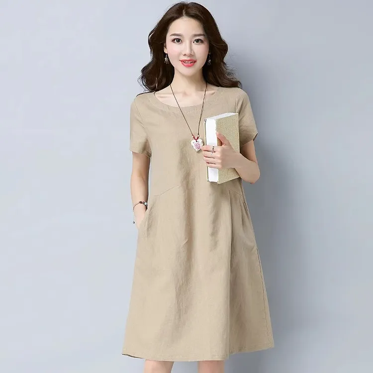 棉麻连衣裙女2025年夏季新品韩版休闲百搭小个子妈妈女士A字裙潮