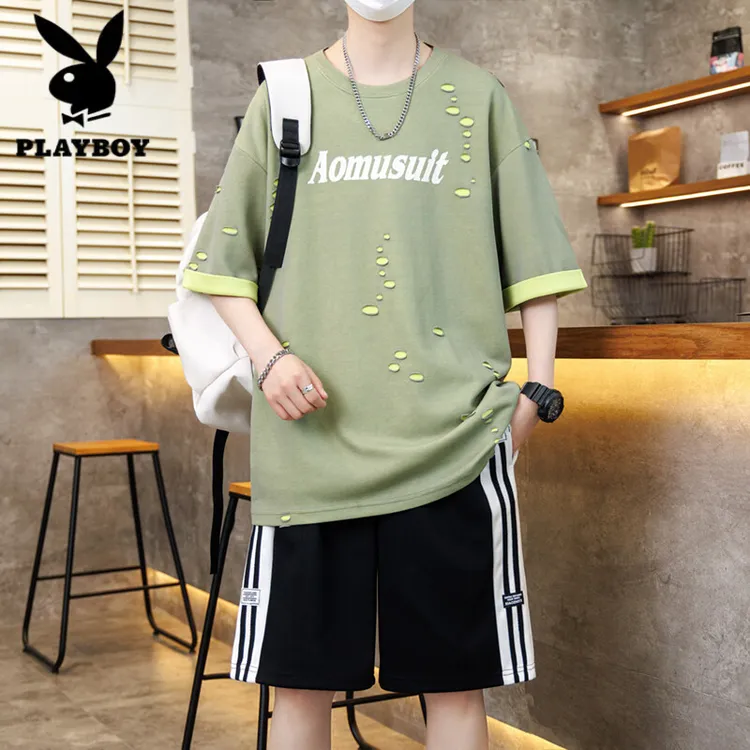 花花公子短袖套装高中初中学生潮牌T恤休闲青少年大童夏季两件