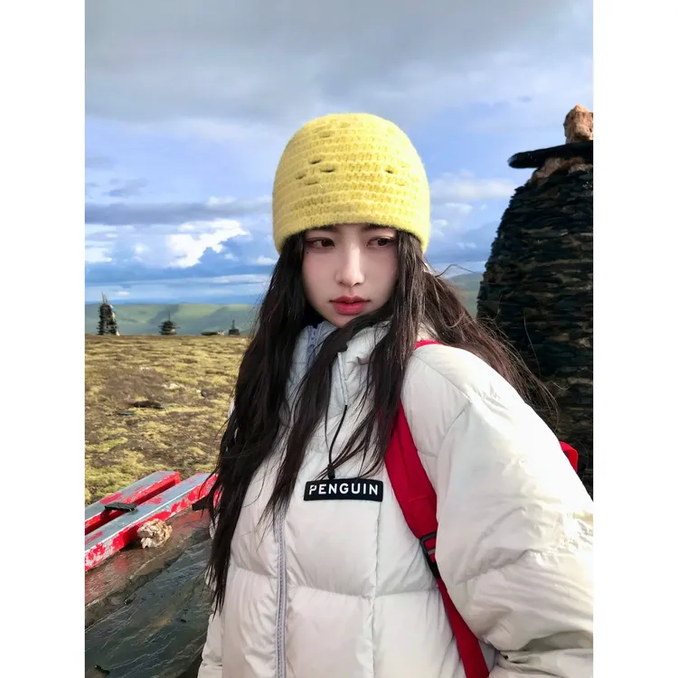 简约手工编织镂空包头帽女百搭冷帽显脸小针织毛线帽