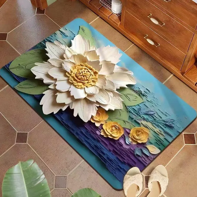 油画花朵浴室吸水地垫3d立体硅藻泥家用卫生间厕所门口脚垫进门垫