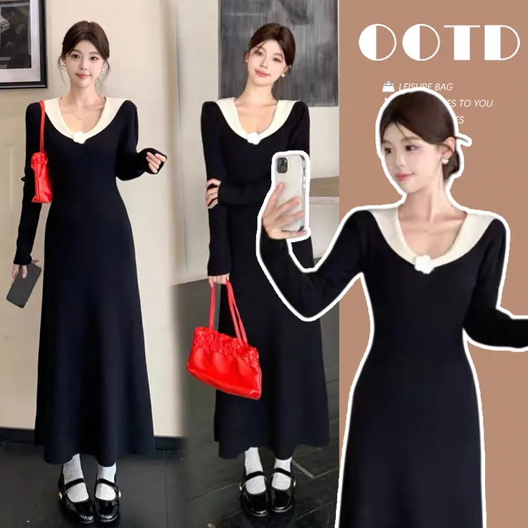 时髦孕妇装秋冬新款收腰显瘦时尚气质长款拼接针织显瘦减龄连衣裙