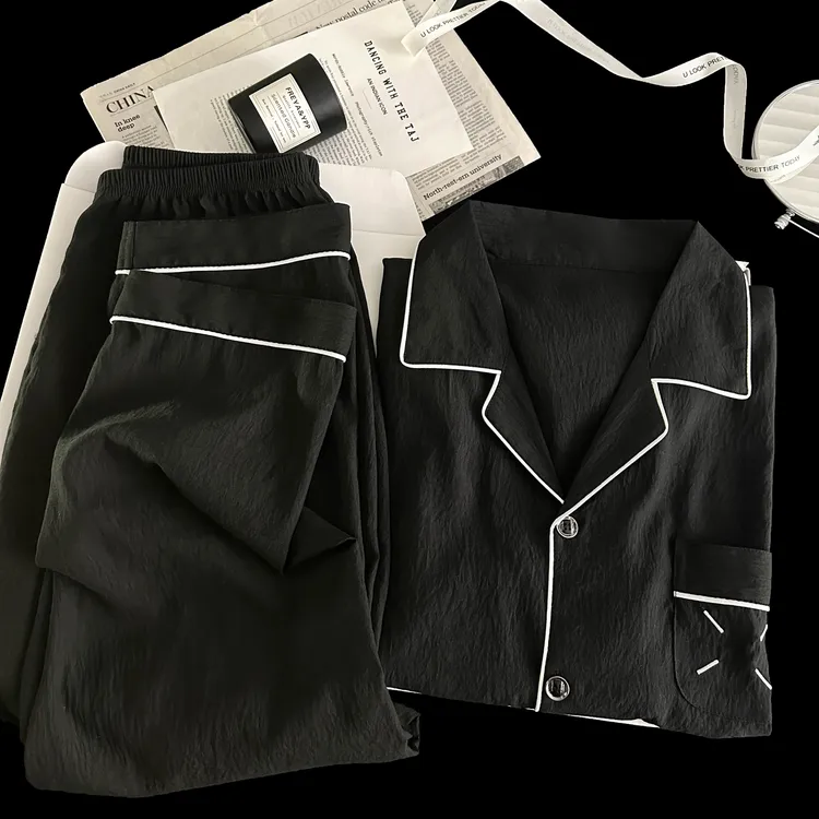 春秋男士睡衣长袖长裤黑色时尚休闲云朵棉青少年高级感家居服套装