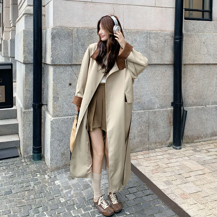 飒美休闲风时尚百搭风衣女2025秋新款时髦个性麂皮绒拼接长款外套