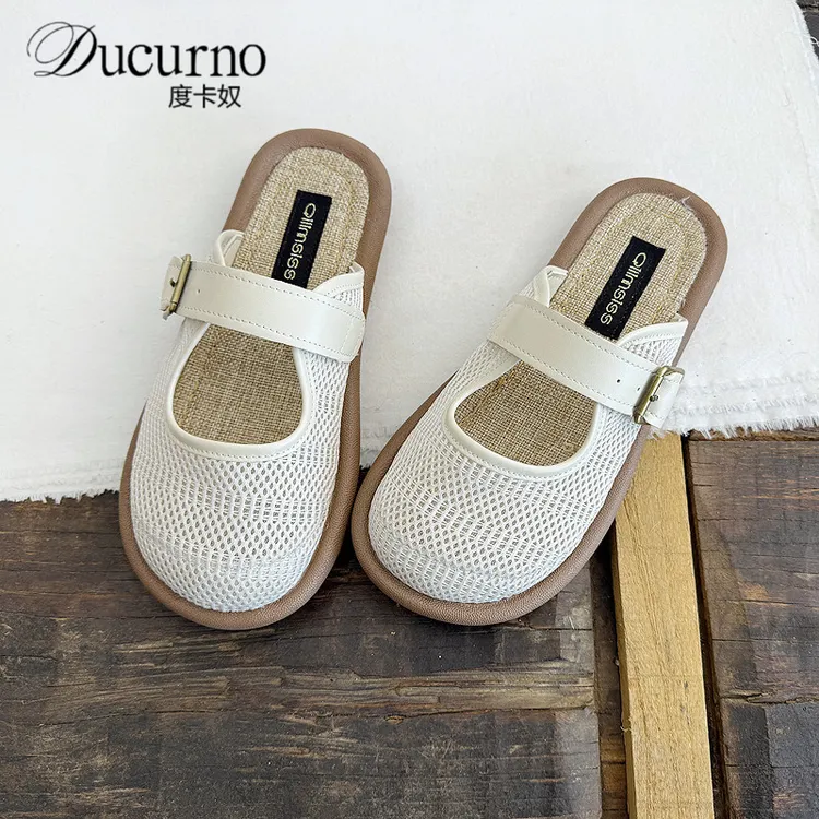 高端蕾丝网面夏季沙滩鞋包头文艺拖鞋一脚蹬懒人外穿凉鞋透气女鞋