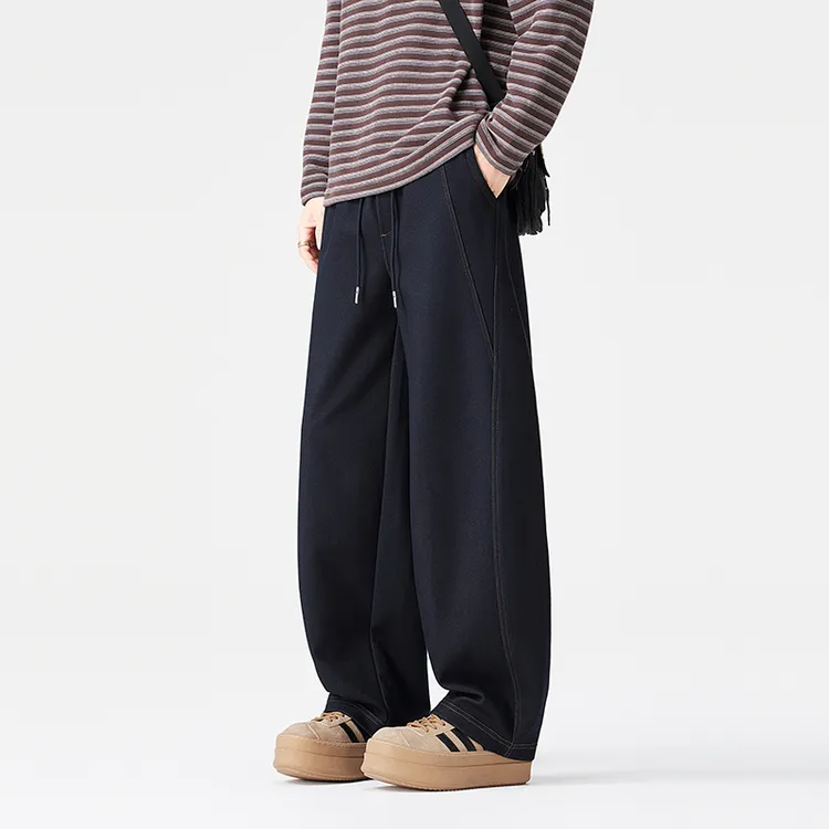 秋季新款深蓝色休闲裤男潮牌高端宽松直筒弯刀阔腿复古百搭长裤潮