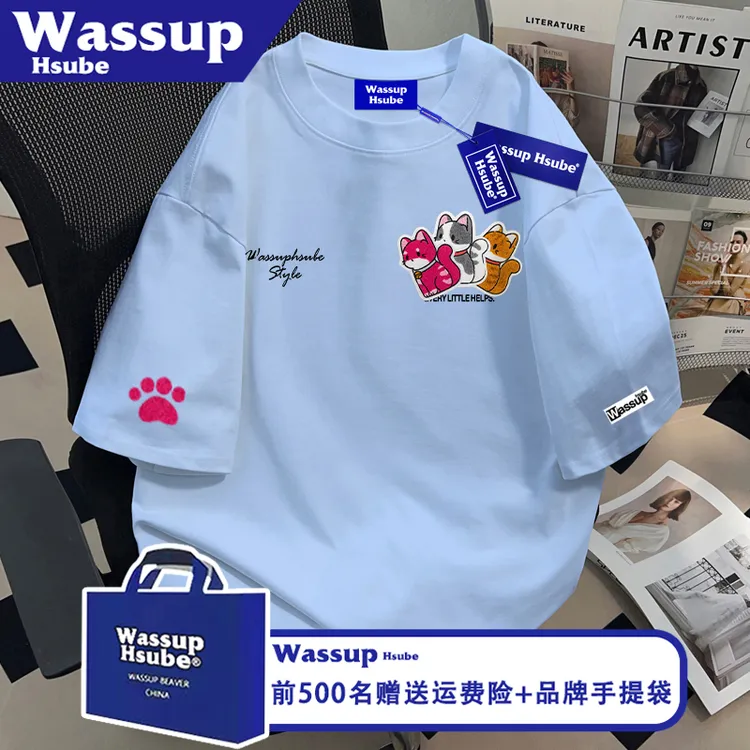 WASSUP HSUBE休闲卡通猫咪印花T恤ins夏季天蓝色纯棉短袖男女半袖