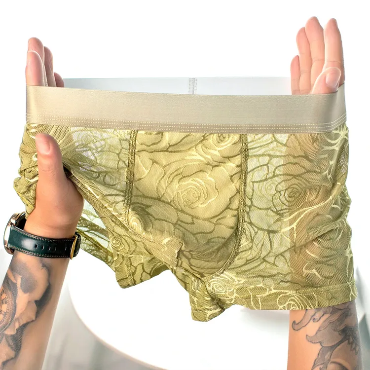 夏季爆款男士冰丝内裤轻薄透气裸感无痕四角裤性感蕾丝男生平角裤