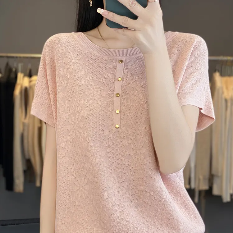 哥弟阿玛施正品夏季薄款时尚蕾丝提花针织打底衫气质宽松圆领上衣