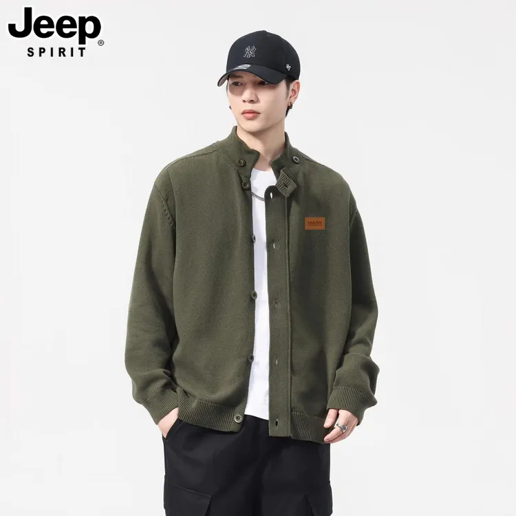JEEPSPIRIT秋季开衫美式复古立领毛衣新款潮牌宽松休闲百搭外套