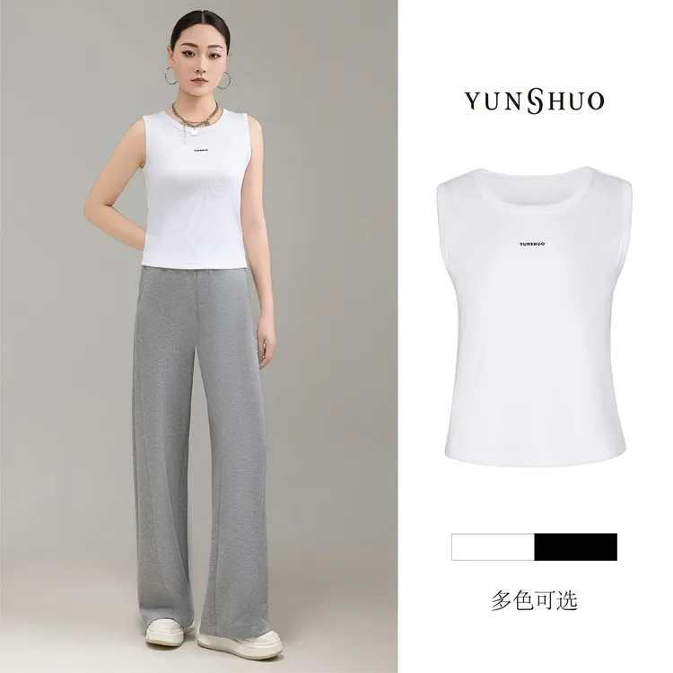 允硕新品时尚百搭气质休闲字母圆领吊带背心简约女装上衣315053
