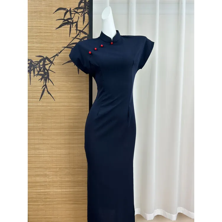 【红尘】藏蓝色复古文艺风连肩袖旗袍2025夏季新款日常女大学生可穿