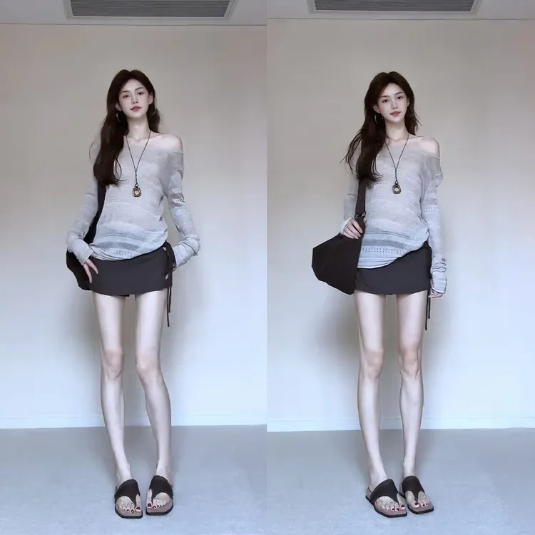 纯欲辣妹风镂空斜肩透视薄款防晒长袖罩衫女高腰抽绳包臀裙裤套装